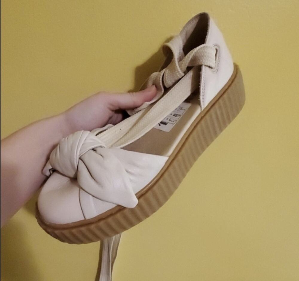 Fenty Puma X Rihanna Bow Creeper Sandals Rubber Sole Beige Ivory Leather Size 7